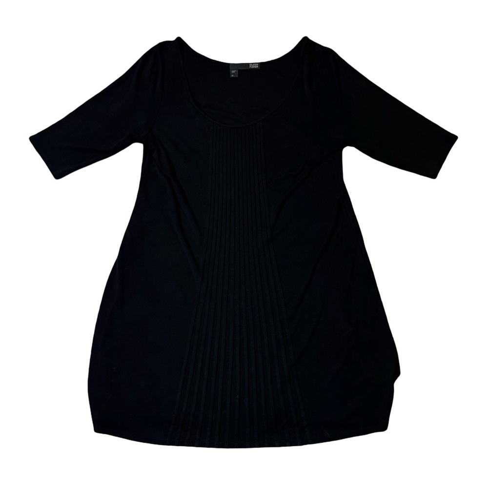 Eileen Fisher womens M Medium black pleated 100% silk 1/2 sleeve blouse EUC